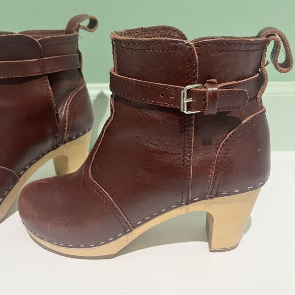 Hasbeens JODHPUR Cherry Brown Leather Clog Wood Heeled Ankle Boots Size 37 FAIR - Picture 1 of 14